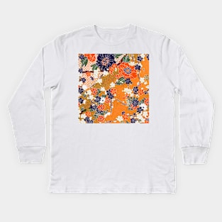 ORANGE BLUE WHITE SPRING FLOWERS IN GOLD YELLOW Antique Japanese Floral Kids Long Sleeve T-Shirt